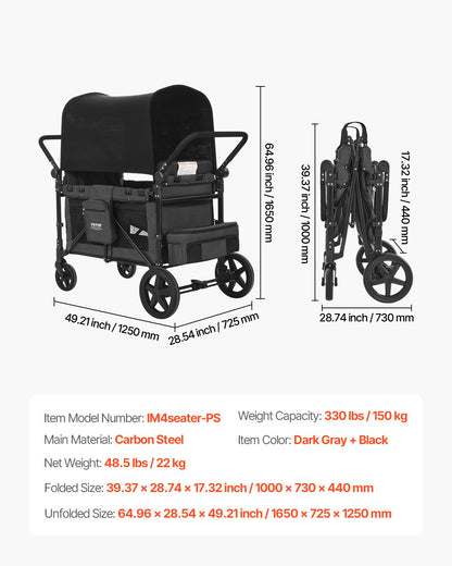Wagon Stroller for 4 Kids, Push Pull Quad Collapsible Stroller with Adjustable Handle, Safety Harness & Removable Canopy, 4-Seater Stroller Wagon for Camping, Dark Gray & Black (330LBS Loading)