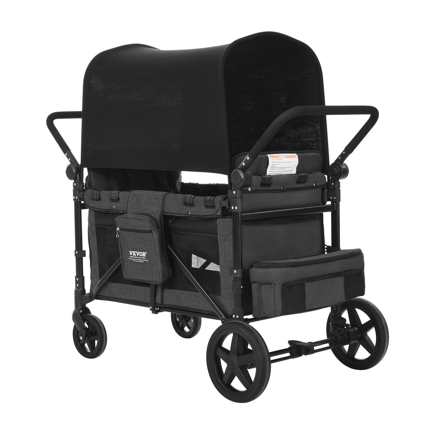 Wagon Stroller for 4 Kids, Push Pull Quad Collapsible Stroller with Adjustable Handle, Safety Harness & Removable Canopy, 4-Seater Stroller Wagon for Camping, Dark Gray & Black (330LBS Loading)