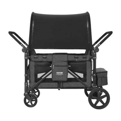 Wagon Stroller for 4 Kids, Push Pull Quad Collapsible Stroller with Adjustable Handle, Safety Harness & Removable Canopy, 4-Seater Stroller Wagon for Camping, Dark Gray & Black (330LBS Loading)