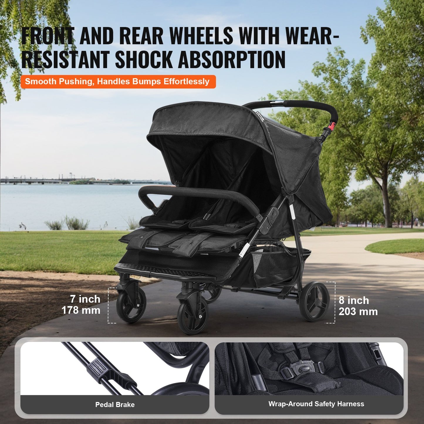 Double Stroller, Side x Side, Foldable Lightweight Twin Stroller with Tandem Seating, Adjustable Footrest/Rotating Handle, Wrap-Around Safety Harness,Storage Basket,for Newborn & Toddler (Black)