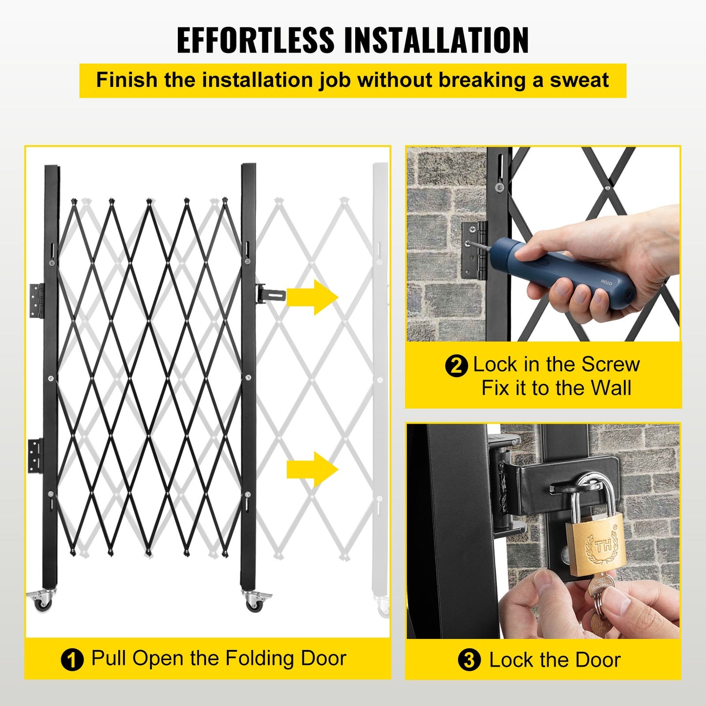 Single Folding Security Gate, 180 × 155 cm(W × H) Folding Door Gate, Steel Accordion Security Gate, Flexible Expanding Security Gate, 360° Rolling Barricade Gate, Scissor Gate/Door with Padlock