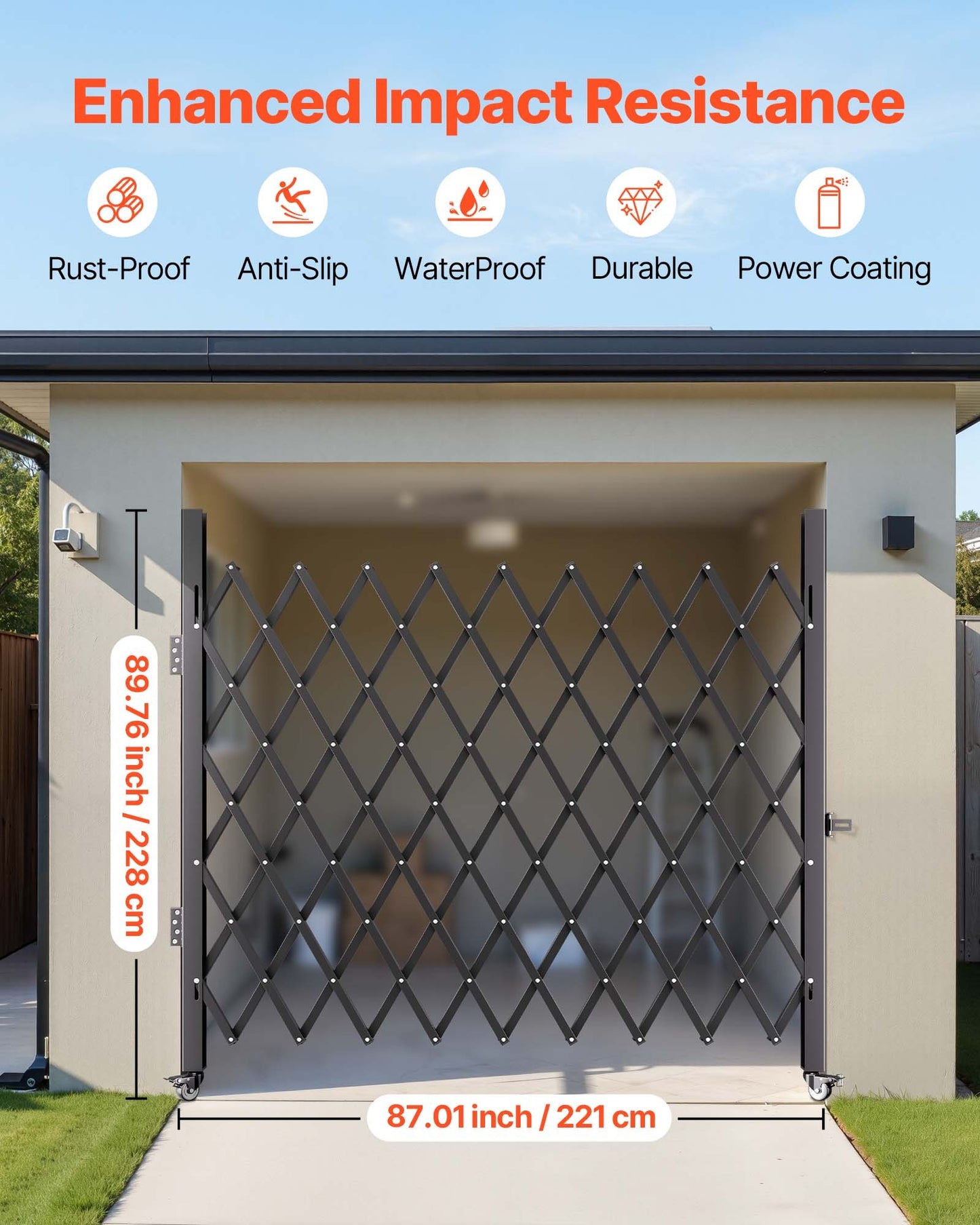 Single Folding Security Gate, 198 cm H x 229 cm W Folding Door Gate, Steel Accordion Security Gate, Flexible Expanding Security Gate, 360° Rolling Barricade Gate, Scissor Gate/Door with Padloc