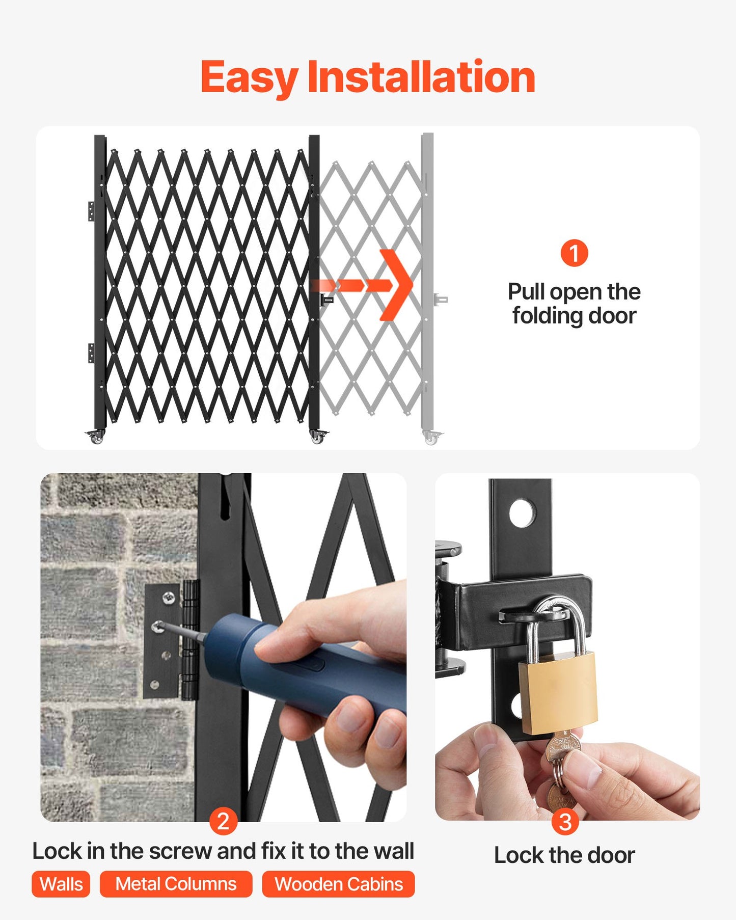 Single Folding Security Gate, 198 cm H x 229 cm W Folding Door Gate, Steel Accordion Security Gate, Flexible Expanding Security Gate, 360° Rolling Barricade Gate, Scissor Gate/Door with Padloc