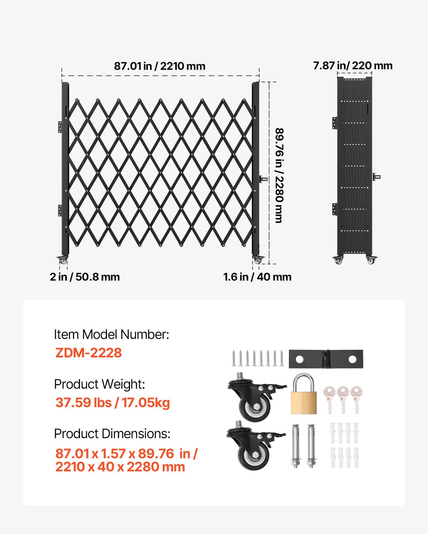 Single Folding Security Gate, 198 cm H x 229 cm W Folding Door Gate, Steel Accordion Security Gate, Flexible Expanding Security Gate, 360° Rolling Barricade Gate, Scissor Gate/Door with Padloc