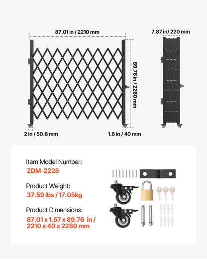 Single Folding Security Gate, 198 cm H x 229 cm W Folding Door Gate, Steel Accordion Security Gate, Flexible Expanding Security Gate, 360° Rolling Barricade Gate, Scissor Gate/Door with Padloc