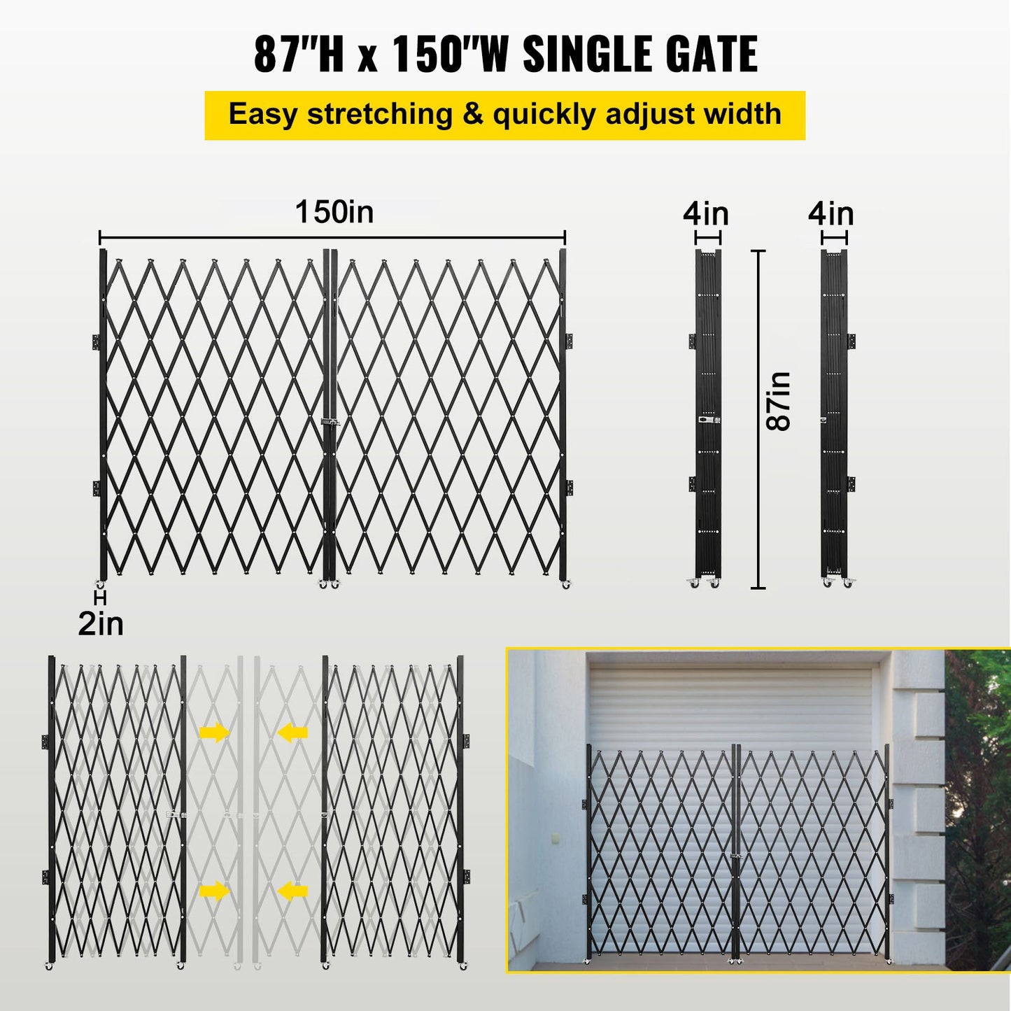 Double Folding Security Gate, 382 × 214 cm(W × H) W Folding Door Gate, Steel Accordion Security Gate, Flexible Expanding Security Gate, 360° Rolling Barricade Gate, Scissor Gate or Door with Keys