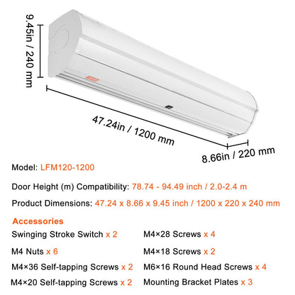 1.2m Commercial Indoor Air Curtain Super Power 2 Speeds 2038m³/h, UL Certified Wall Mounted Air Curtains for Doors, Indoor Over Door Fan with Heavy Duty Limit Switch, Easy-Install Unheated