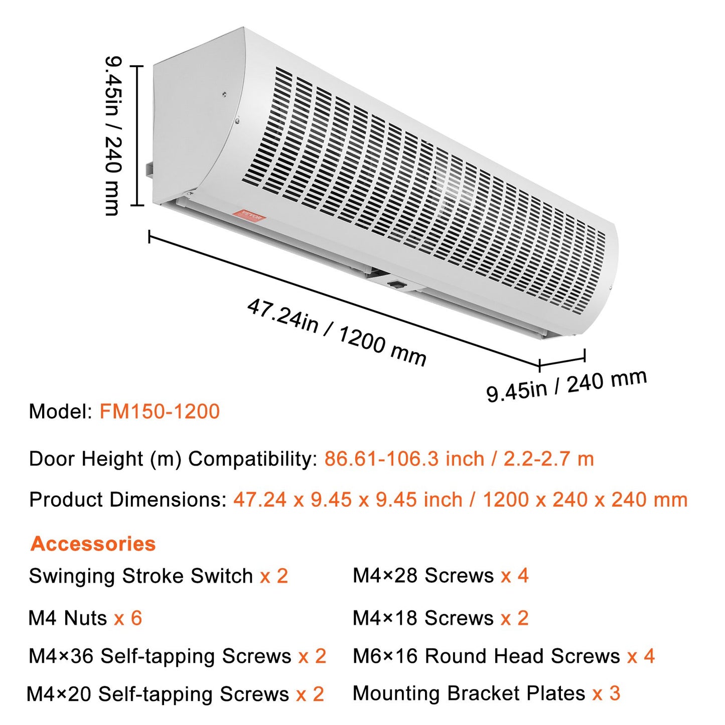 1.2m Commercial Indoor Air Curtain Super Power 2 Speeds 2802m³/h, UL Certified Wall Mounted Air Curtains for Doors, Indoor Over Door Fan with Heavy Duty Limit Switch, Easy-Install Unheated
