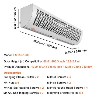 1.2m Commercial Indoor Air Curtain Super Power 2 Speeds 2802m³/h, UL Certified Wall Mounted Air Curtains for Doors, Indoor Over Door Fan with Heavy Duty Limit Switch, Easy-Install Unheated