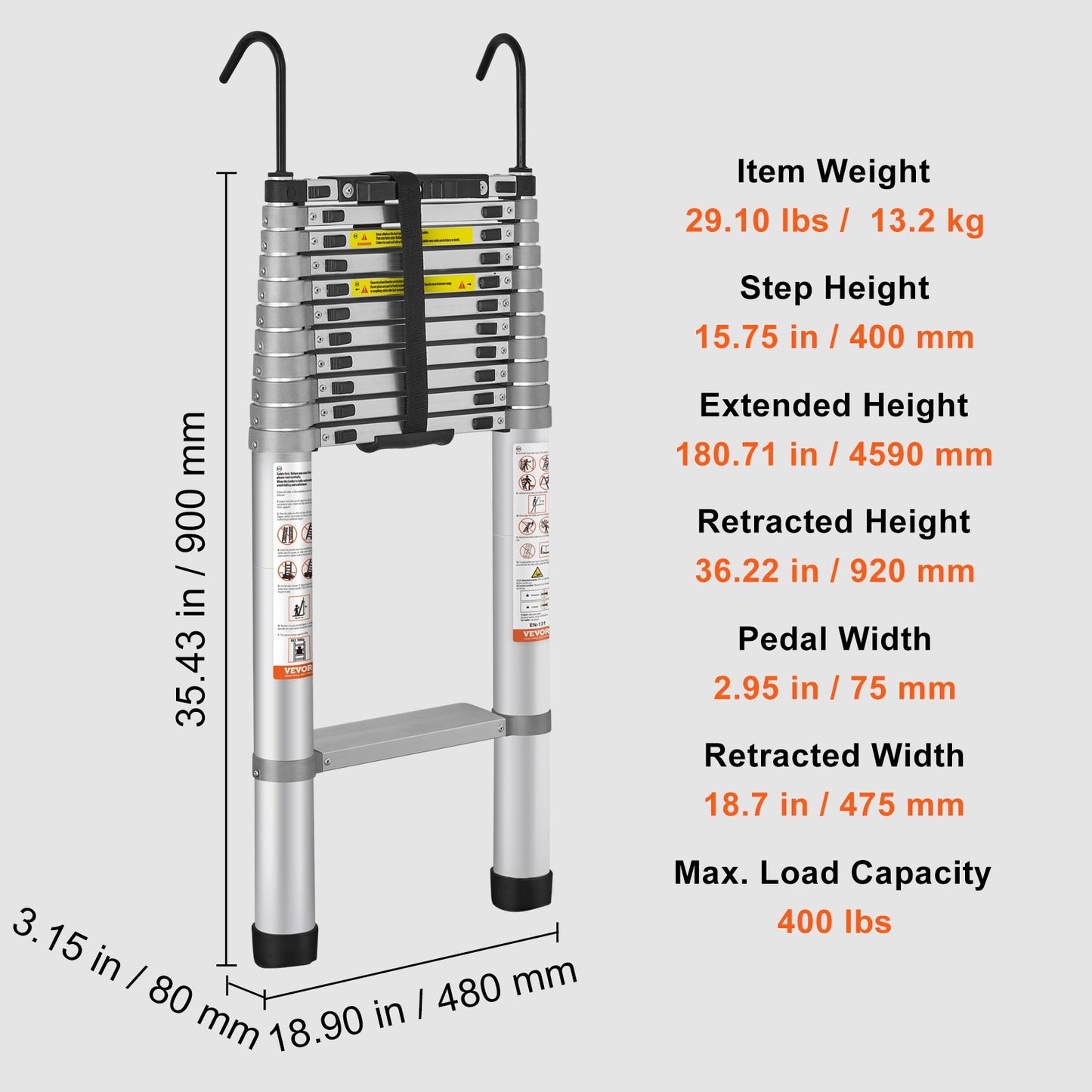 Telescoping Ladder Aluminum Extension Step 457.2 cm Multi-purpose Portable