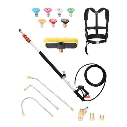 Pressure Washer Telescoping Wand, 24 ft, 4000 psi, Telescopic Spray Wand with Power Washer Extension Wands, Gutter Cleaner, Brush Head, Pivoting Coupler, 7 Spray Nozzles and Support Harness