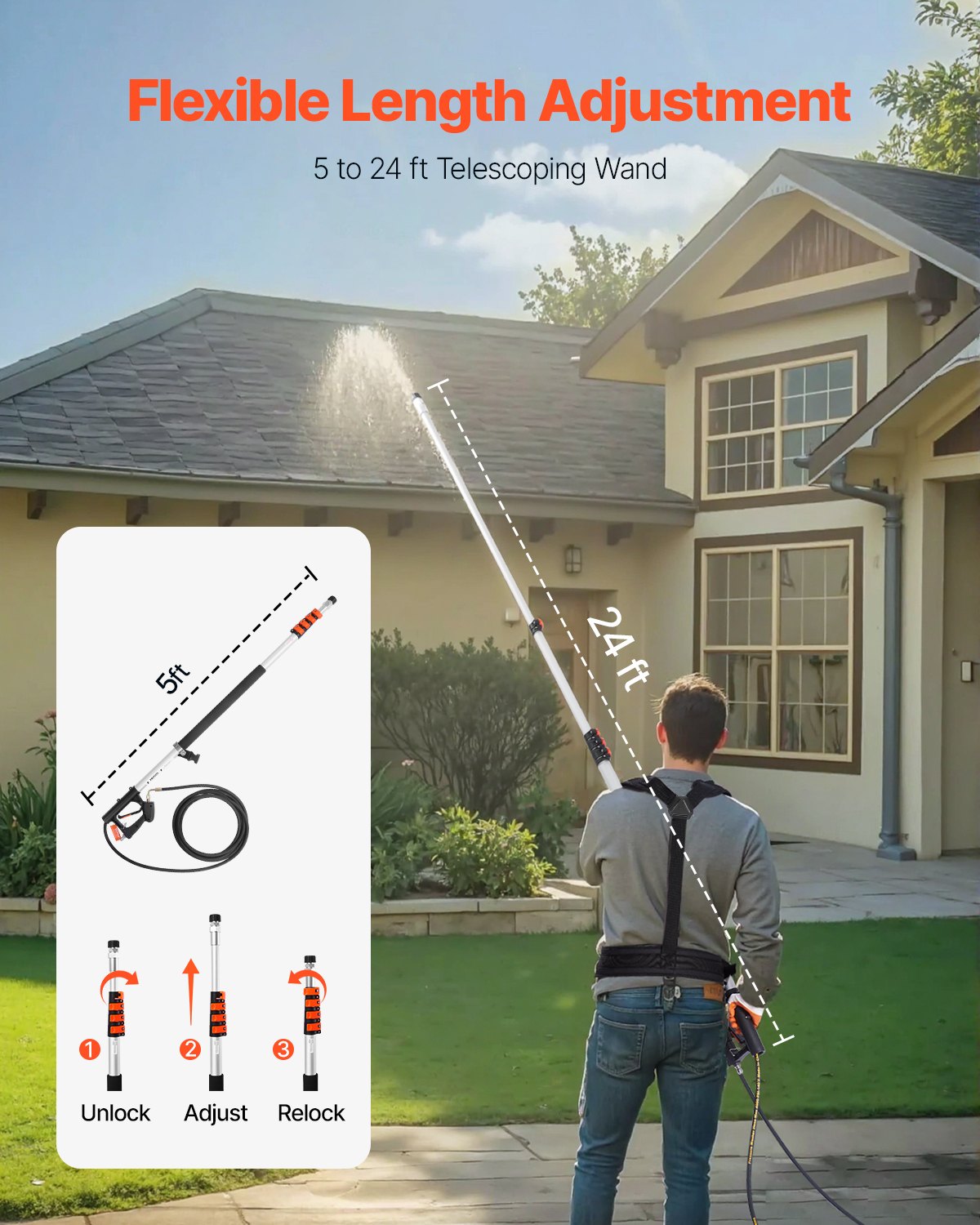 Pressure Washer Telescoping Wand, 24 ft, 4000 psi, Telescopic Spray Wand with Power Washer Extension Wands, Gutter Cleaner, Pivoting Coupler, 7 Spray Nozzle Tips and Adjustable Support Harness