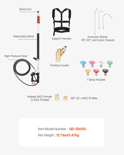 Pressure Washer Telescoping Wand, 24 ft, 4000 psi, Telescopic Spray Wand with Power Washer Extension Wands, Gutter Cleaner, Pivoting Coupler, 7 Spray Nozzle Tips and Adjustable Support Harness