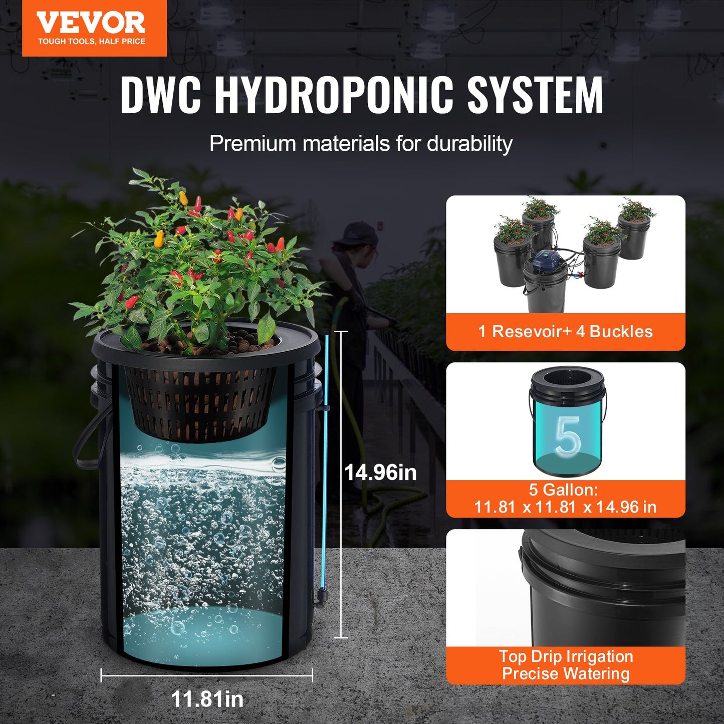 RDWC Hydroponics System Recirculating Deep Water Culture 4 Buckets 18.9 L