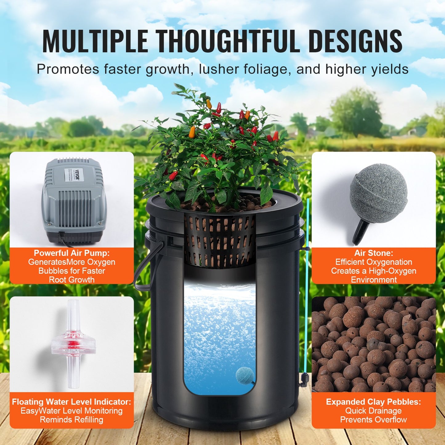 DWC Hydroponics Grow System, Hydroponic Growing System with Top Drip Kit, Deep Water Culture 5-Gallon 4 Buckets, with Air Pump, Air Stones and Water Level Device for Leafy Vegetables