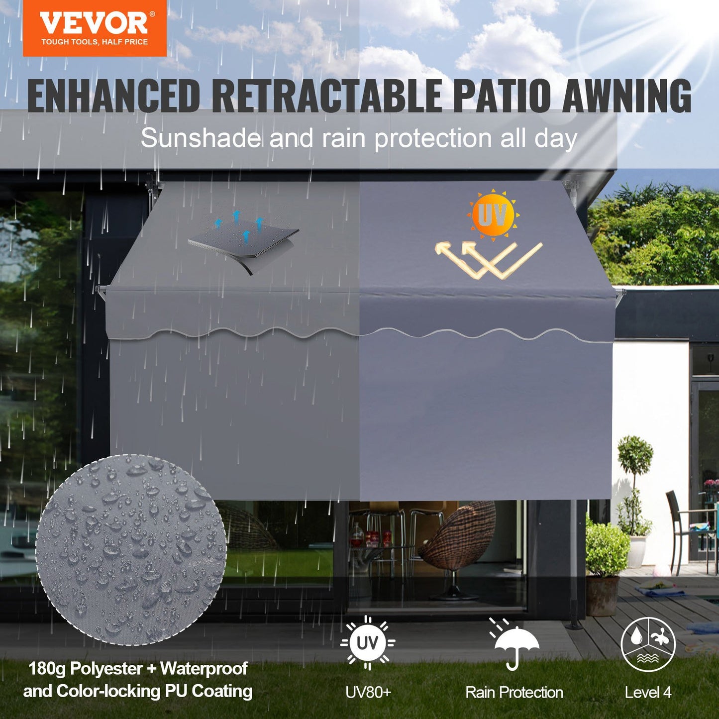 Manual Retractable Awning, 118" Outdoor Retractable Patio Awning Sunshade Shelter, Adjustable Patio Door Window Awning Canopy with 39" Sun Shade Curtain for Backyard, Garden, Balcony