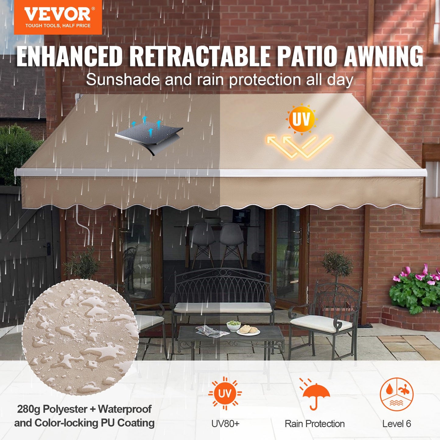 Manual Retractable Awning, 12 x 10 ft Outdoor Patio Awning Retractable Sun Shade, Water-Resistant Polyester Patio Door Window Awning Sunshade Shelter with Crank Handle for Backyard, Balcony