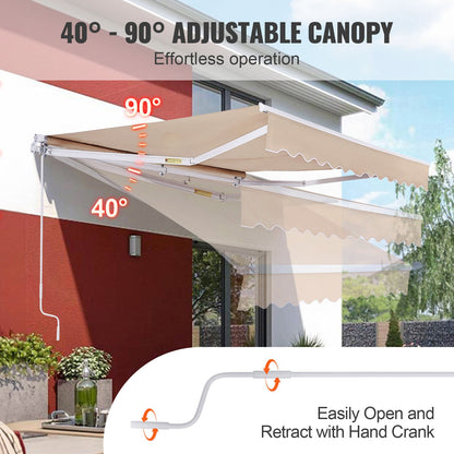 Manual Retractable Awning, 12 x 10 ft Outdoor Patio Awning Retractable Sun Shade, Water-Resistant Polyester Patio Door Window Awning Sunshade Shelter with Crank Handle for Backyard, Balcony