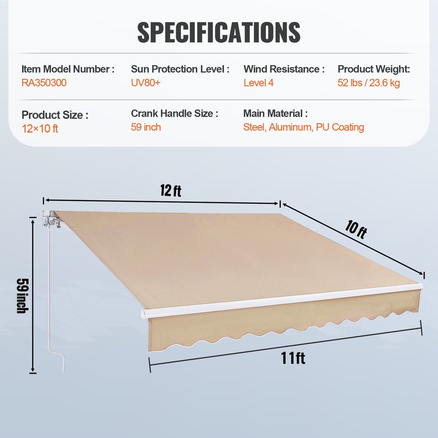 Manual Retractable Awning, 12 x 10 ft Outdoor Patio Awning Retractable Sun Shade, Water-Resistant Polyester Patio Door Window Awning Sunshade Shelter with Crank Handle for Backyard, Balcony