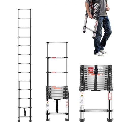 Telescoping Ladder, 3740mm Stainless Steel Lightweight Extension Ladder, Multi-Button Retraction Collapsible Ladders, 150 kg Capacity & Non-Slip Feet, Portable 13-Step Ladders for Home RV Loft