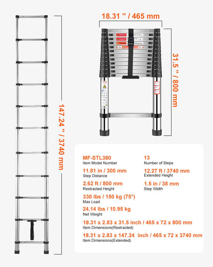 Telescoping Ladder, 3740mm Stainless Steel Lightweight Extension Ladder, Multi-Button Retraction Collapsible Ladders, 150 kg Capacity & Non-Slip Feet, Portable 13-Step Ladders for Home RV Loft