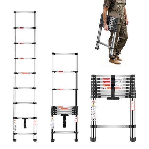 Telescoping Ladder, 2540mm Stainless Steel Lightweight Extension Ladder, Multi-Button Retraction Collapsible Ladders, 150 kg Capacity & Non-Slip Feet, Portable 9-Step Ladders for Home RV Loft