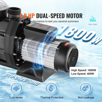 1500 W(2HP) Above Ground Pool Pump, 220V-240V, 1450 / 2860 RPM Dual Speed Pump 1800W, 33000 L/H Max. Flow Powerful Pump, Energy Saving Swimming Pool Pump for Above Ground Pool, CE Certification