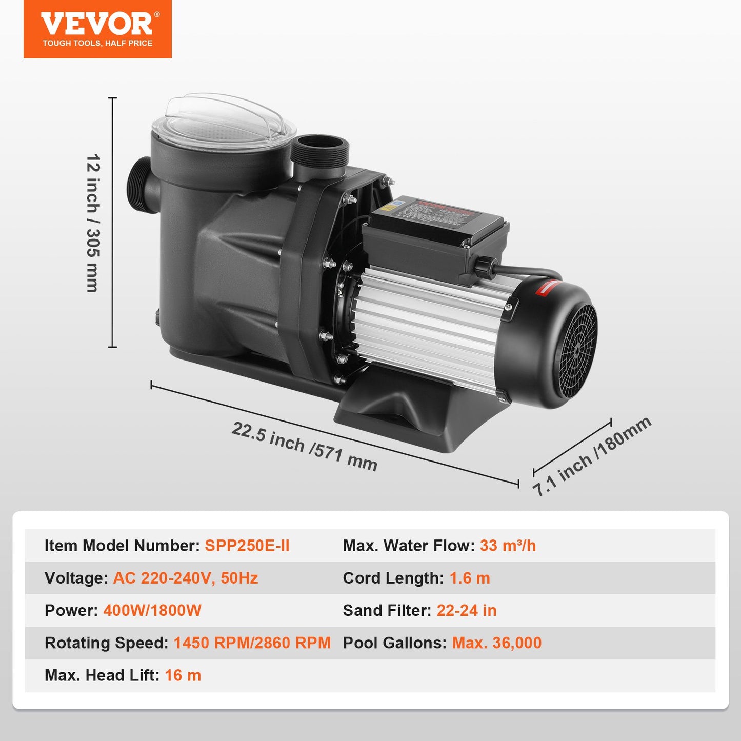 1500 W(2HP) Above Ground Pool Pump, 220V-240V, 1450 / 2860 RPM Dual Speed Pump 1800W, 33000 L/H Max. Flow Powerful Pump, Energy Saving Swimming Pool Pump for Above Ground Pool, CE Certification