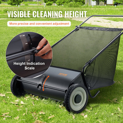 Push Lawn Sweeper, 26-inch Leaf & Grass Collector, Strong Rubber Wheels & Heavy Duty Thickened Steel, Durable to Use with Large Capacity 7 cu. ft. Mesh Collection Hopper Bag, 4 Spinning Brushes