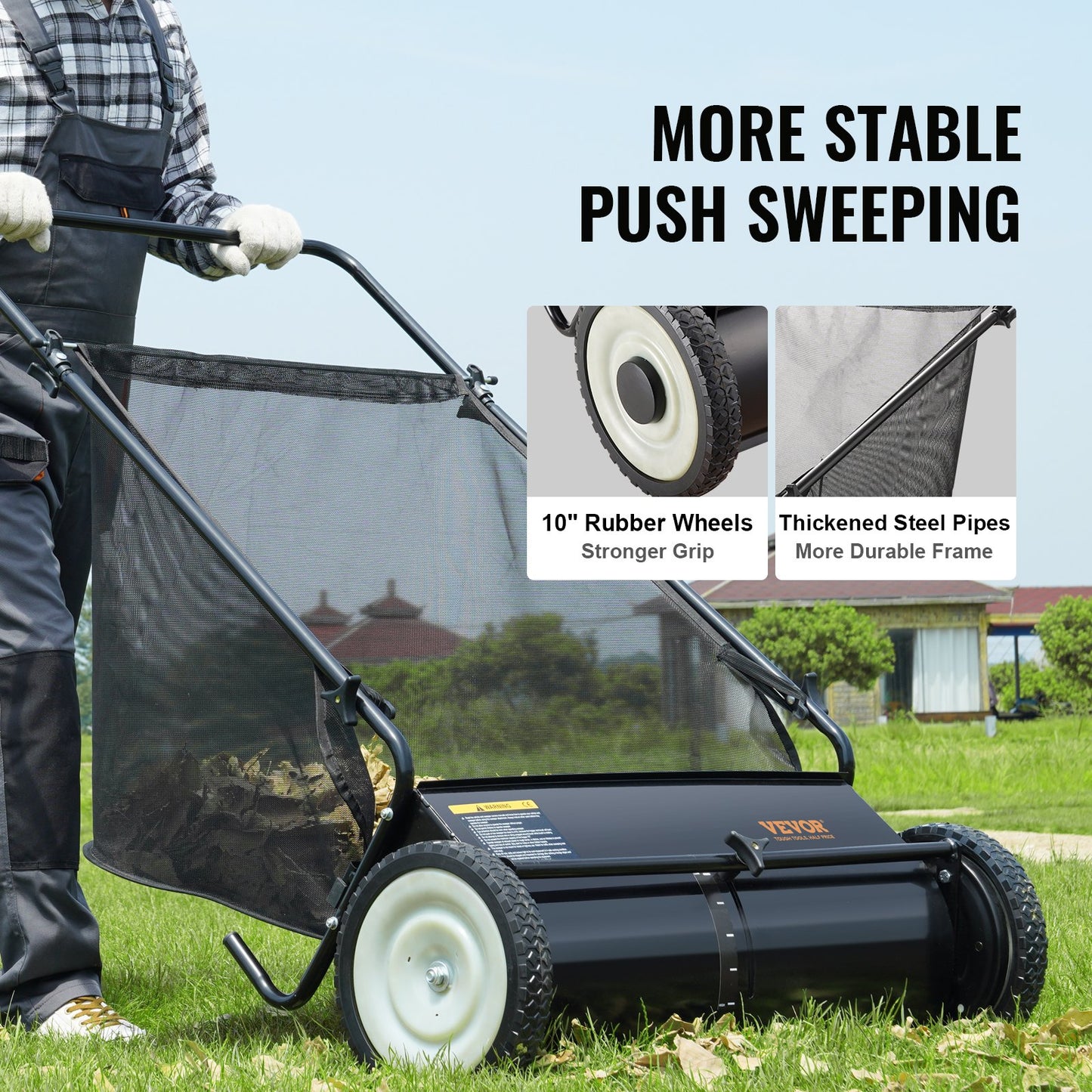 Push Lawn Sweeper, 26-inch Leaf & Grass Collector, Strong Rubber Wheels & Heavy Duty Thickened Steel, Durable to Use with Large Capacity 7 cu. ft. Mesh Collection Hopper Bag, 4 Spinning Brushes