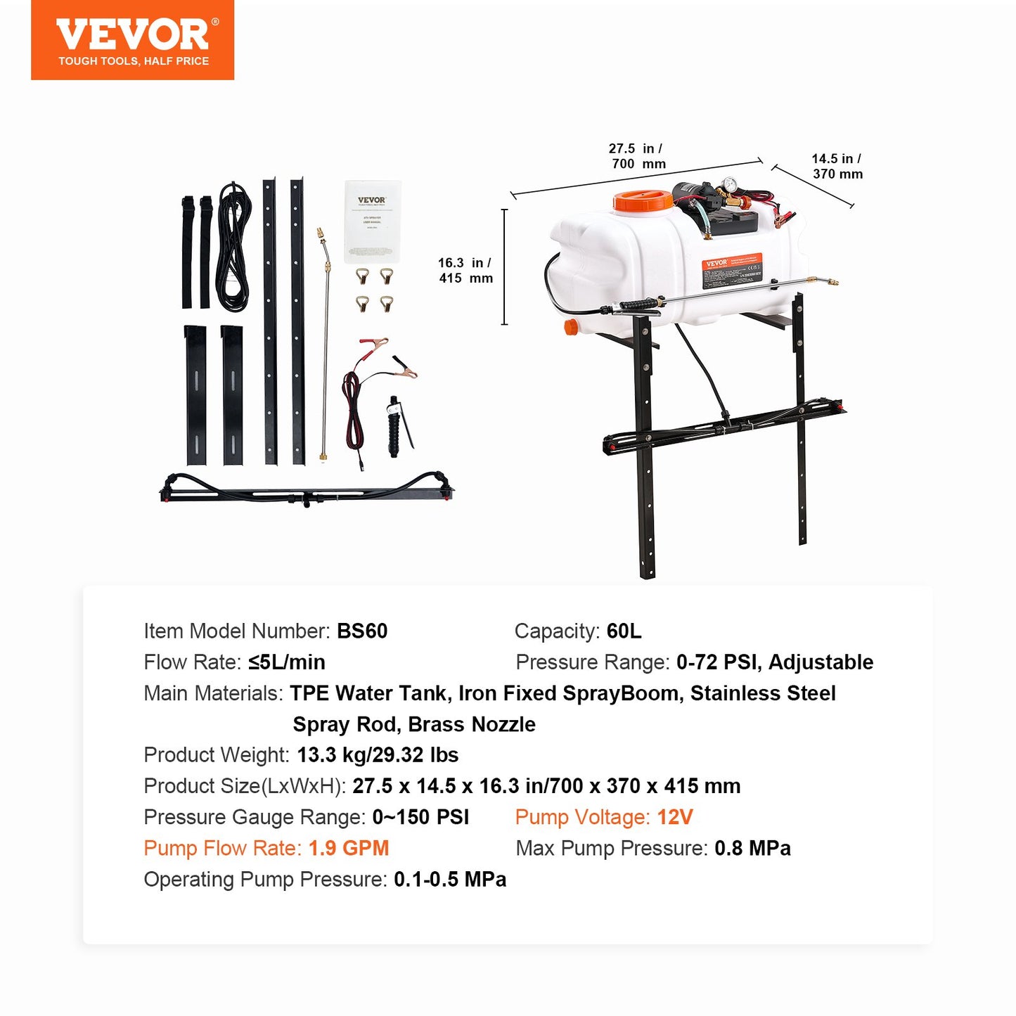ATV-Punktspritze, 60 l ATV/UTV-Feldspritze mit Düsenbalken, 12-V-Pumpe mit Wassertank, 7,2 l/min Durchflussrate, einstellbarer Druck von 0–5,5 bar, 6 m Schlauch, weiß