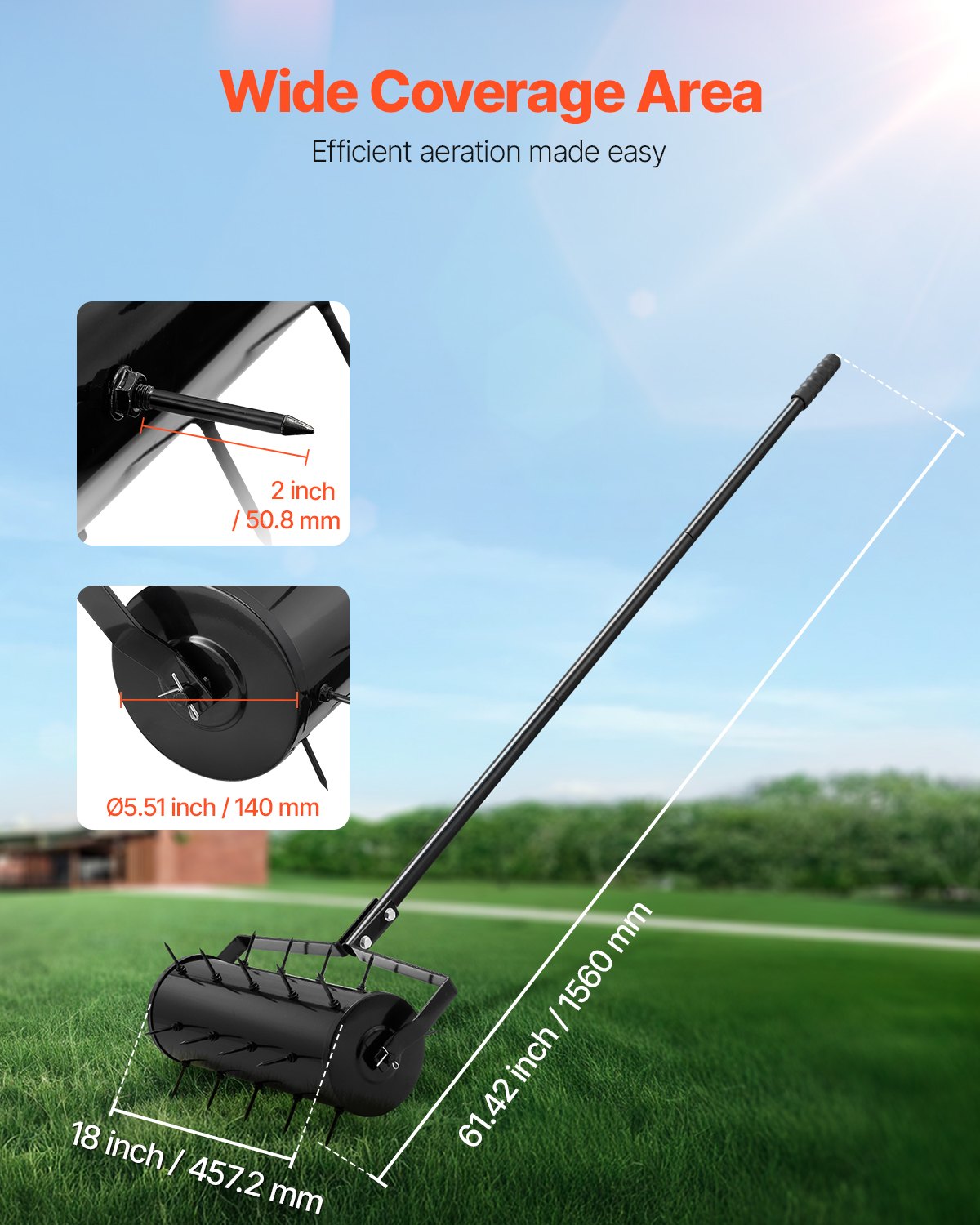 Rolling Lawn Aerator, 18-inch Heavy-Duty Manual Rolling Aerator Lawn with Detachable Handle and 27 Iron Spikes, Rolling Lawn Aeration Tool for Garden Patio Yard Compacted Soils and Lawns, Black