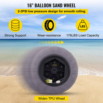 Beach Balloon Wheels, 16" Replacement Sand Tires, TPU Cart Tires for Kayak Dolly, Canoe Cart and Buggy with Free Air Pump, 2-Pack
