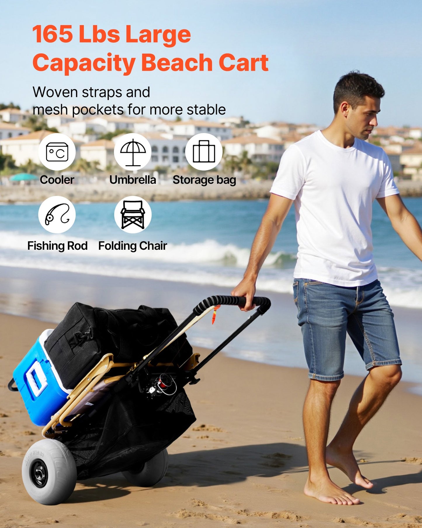 Beach Dolly with Big Wheels for Sand, 20.1" x 14.6" Cargo Deck, w/ 9" Balloon Wheels, 165LBS Loading Capacity Folding Sand Cart & 27.2" to 44.9" Adjustable Height, Heavy Duty Cart for Beach