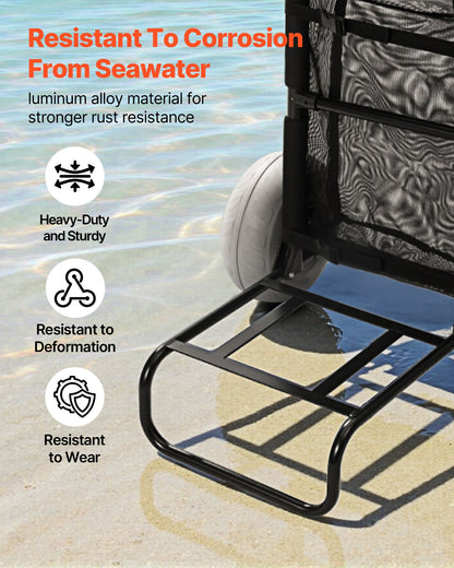 Beach Dolly with Big Wheels for Sand, 20.1" x 14.6" Cargo Deck, w/ 9" Balloon Wheels, 165LBS Loading Capacity Folding Sand Cart & 27.2" to 44.9" Adjustable Height, Heavy Duty Cart for Beach