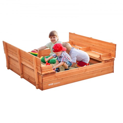 Wooden Sandbox, 52.4 x 47.2 x 16.9 in Sand Box, Sand Pit with Foldable Bench Seats and Bottom Liner, Natural Wood Kids Sandbox for Outdoor Backyard, Beach, Park, Gift for Boys Girls Ages 3-12