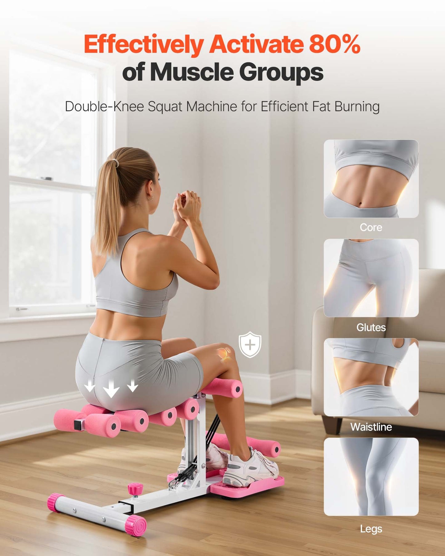 Deep Squat Machine, Adjustable Glutes Trainer Machine with 3 High-Strength Resistance Bands, Folding Core Leg & Glutes Exercise Trainer, Push Up Workout Equipment at Home Gym, Pink + White