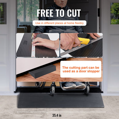 1.6" Rise Cuttable Threshold Ramp for Sweeping Robot, 35.4" Wide Natural Rubber Wheelchair Ramp, Non-Slip Solid Rubber Ramp with Double-Sided Tape for Doorways, Driveways, Bathroom, Smooth Tile