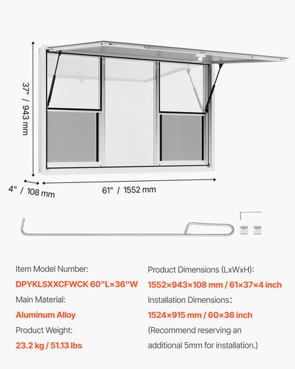 Concession Window 152x92 cm, Aluminum Alloy Service Window for Food Truck, Up to 85 Degrees Stand Serving Window with 6 Sliding Windows, Awning Door, and Drag Hook, for Concession Trailers
