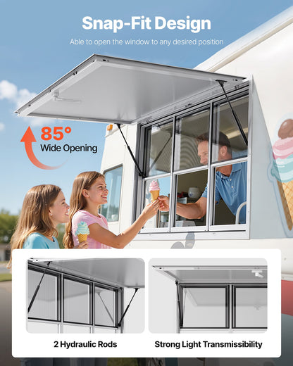 Concession Window 152x92 cm, Aluminum Alloy Service Window for Food Truck, Up to 85 Degrees Stand Serving Window with 6 Sliding Windows, Awning Door, and Drag Hook, for Concession Trailers