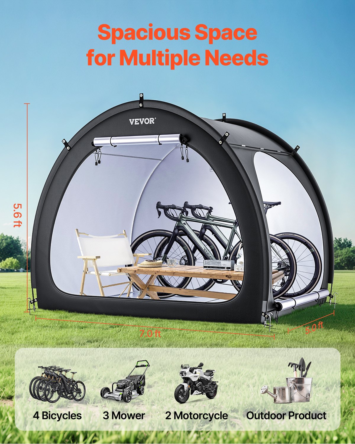 Bike Storage Tent, 4 to 5 Bikes, Outdoor Spacious Bike Storage Tent with Ventilated Window, Waterproof Fan-Shaped Bike Tent with High Strength Fiberglass & Double Door, Fit for Bicycle