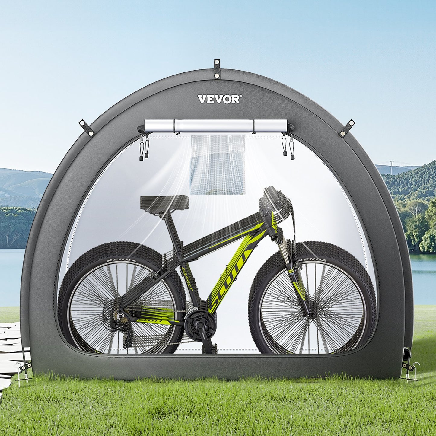 Bike Storage Tent, 4 to 5 Bikes, Outdoor Spacious Bike Storage Tent with Ventilated Window, Waterproof Fan-Shaped Bike Tent with High Strength Fiberglass & Double Door, Fit for Bicycle
