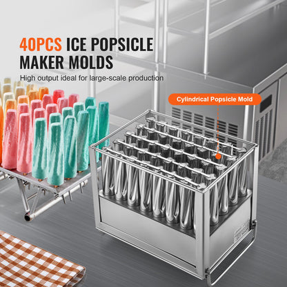 Commercial Popsicle Moulds, 40PCS Cylindrical Ice Pop Moulds, Stainless Steel Ice Lolly Popsicle Moulds, Ice Cream Maker Mould Holder with 50PCS Popsicle Sticks & Bags (Single Mould Set - 40PCS)