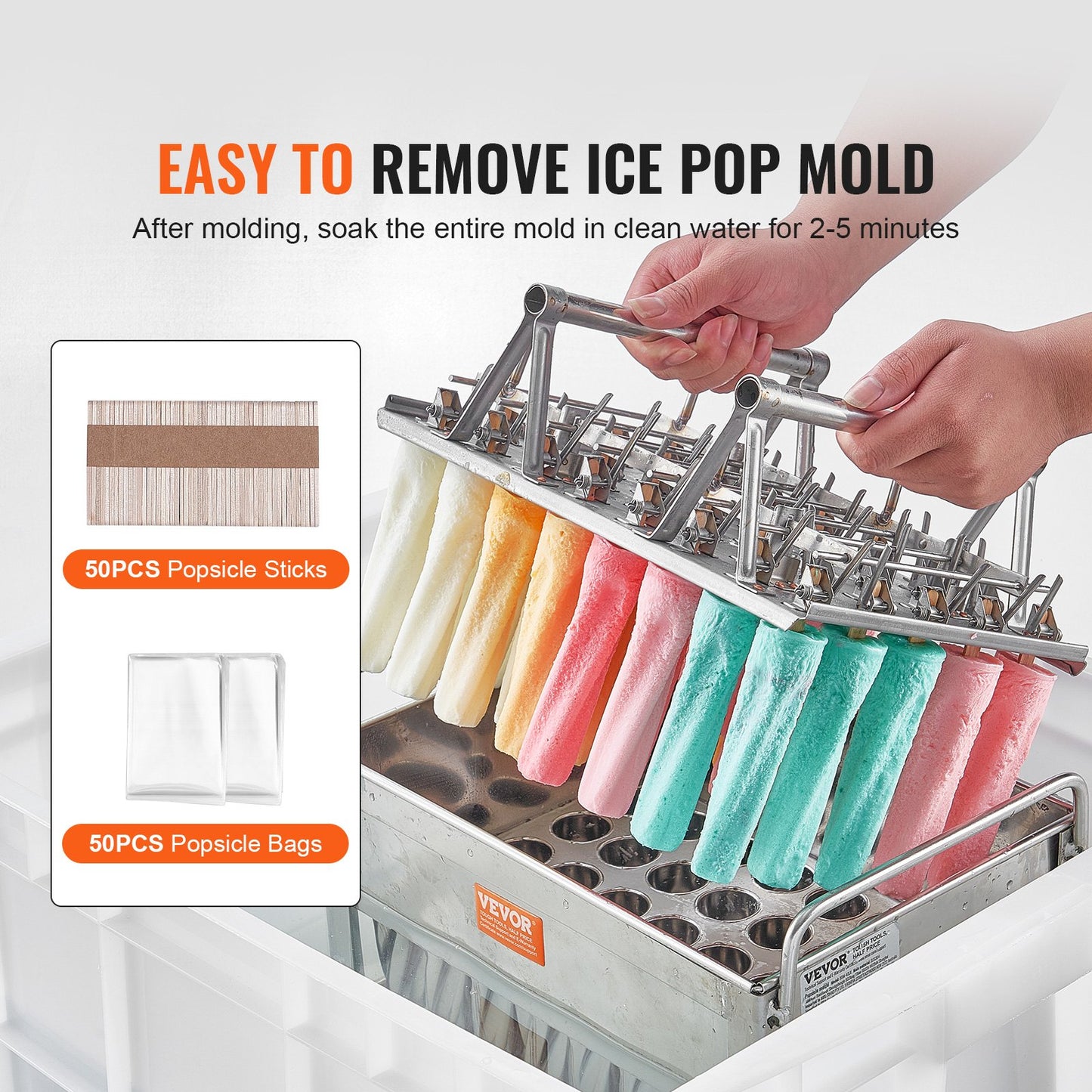 Commercial Popsicle Moulds, 40PCS Cylindrical Ice Pop Moulds, Stainless Steel Ice Lolly Popsicle Moulds, Ice Cream Maker Mould Holder with 50PCS Popsicle Sticks & Bags (Single Mould Set - 40PCS)