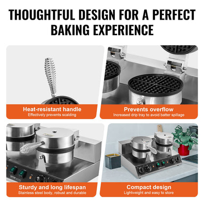 Commercial Waffle Maker, Dual-Head Round Waffle Baker Machine, 2460W Non-Stick Stainless Steel Belgian Waffle Iron with Temp and Time Control, Handle, for Restaurant Bakery Snack Bar Family
