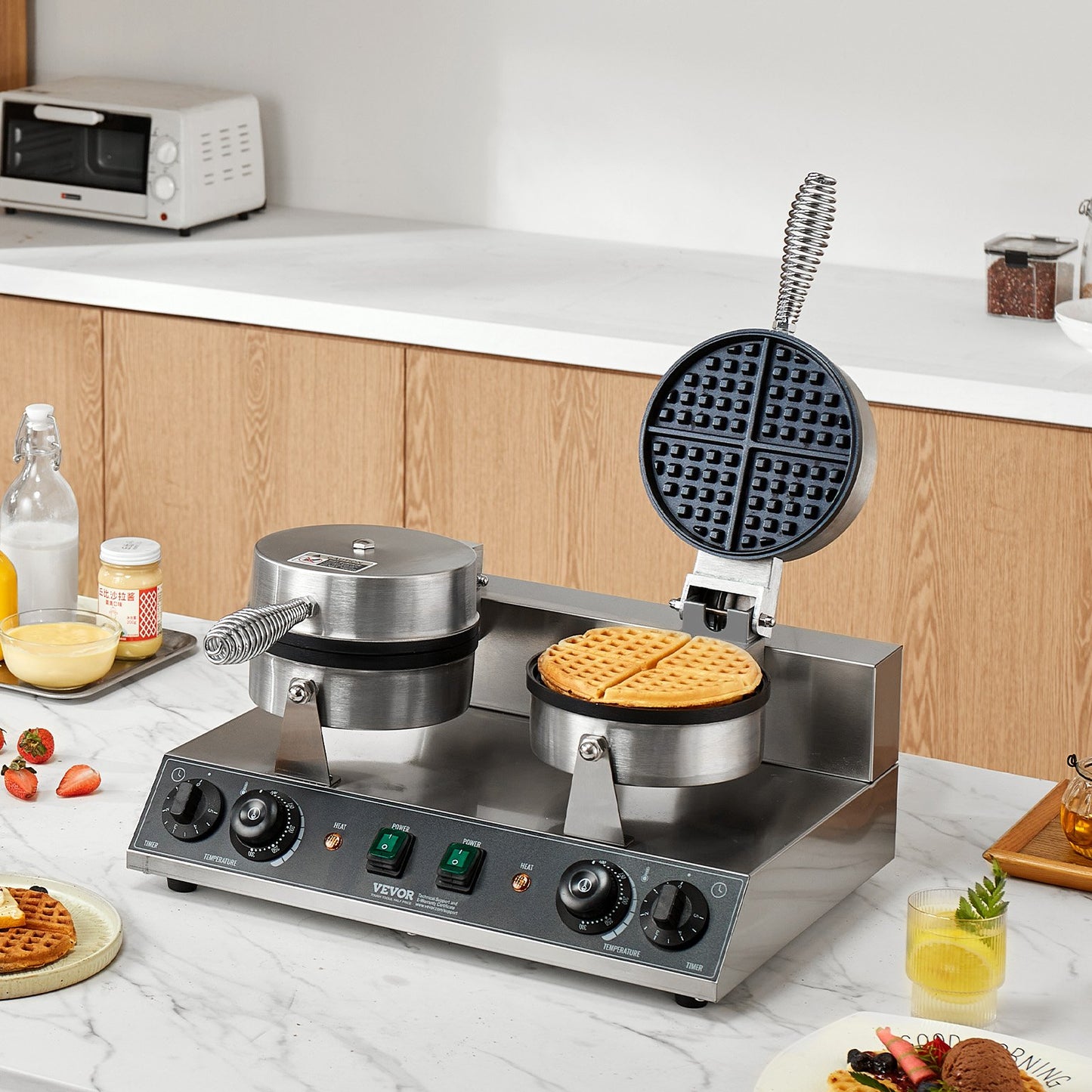 Commercial Waffle Maker, Dual-Head Round Waffle Baker Machine, 2460W Non-Stick Stainless Steel Belgian Waffle Iron with Temp and Time Control, Handle, for Restaurant Bakery Snack Bar Family