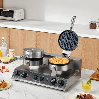 Commercial Waffle Maker, Dual-Head Round Waffle Baker Machine, 2460W Non-Stick Stainless Steel Belgian Waffle Iron with Temp and Time Control, Handle, for Restaurant Bakery Snack Bar Family