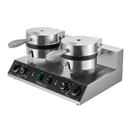Commercial Waffle Maker, Dual-Head Round Waffle Baker Machine, 2460W Non-Stick Stainless Steel Belgian Waffle Iron with Temp and Time Control, Handle, for Restaurant Bakery Snack Bar Family