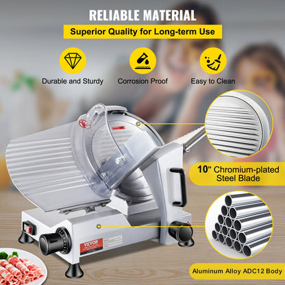 Commercial Meat Slicer, 240W Electric Deli Food Slicer, 10 inch Carbon Steel Blade Electric Food Slicer, 350-400RPM Meat Slicer, 0 - 0.47 inch Adjustable Thickness for Commercial and Home Use