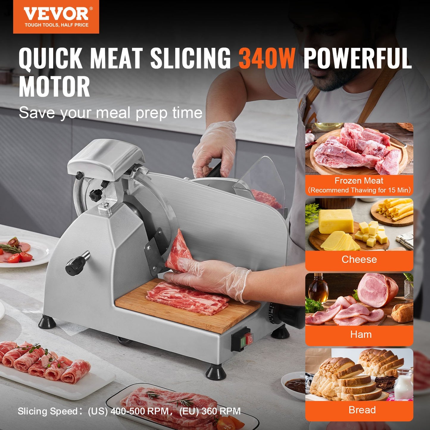 Meat Slicer, 340W Electric Deli Food Slicer with 25.4 cm SUS420 Stainless Steel Blade and Built-in Sharpening Stone, 0-0.6 inch Adjustable Thickness for Commercial and Home Use, Cut Meat and Cheese
